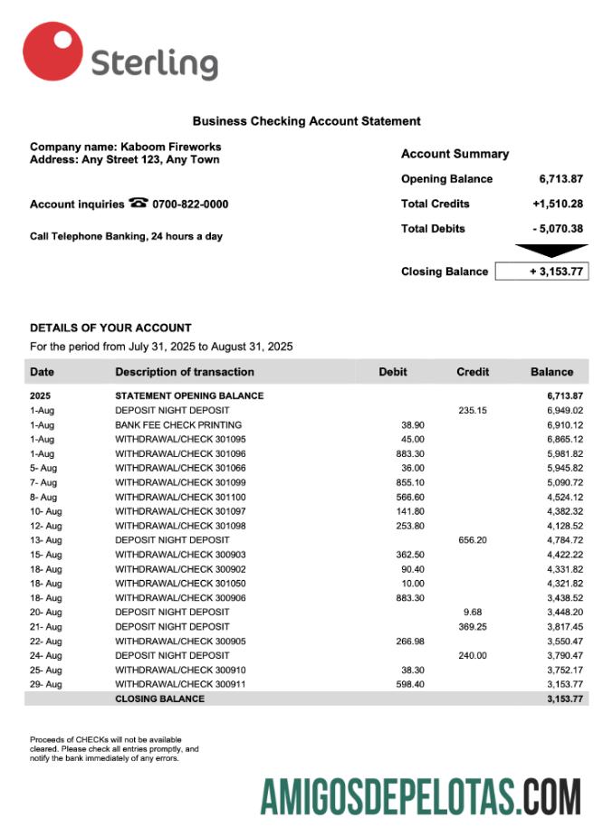 Imprimível Nigeria Sterling Bank Extrato de conta corporativa modelo Word e PDF
